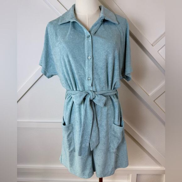 NWT Andie Swim Terry Button-Up Short Romper Cablu Blue Swim Cover Size Small - Picture 1 of 9
